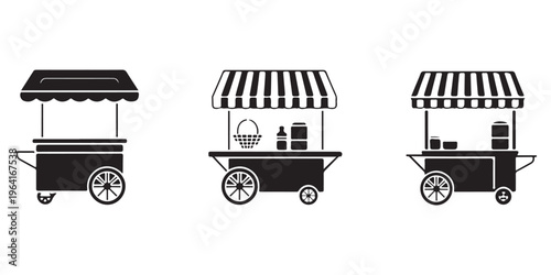 street food cart silhouettes collection with different vendor stalls and market kiosks