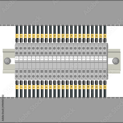 Detailed vector illustration of an electrical terminal block mounted on a DIN rail with numbered wires connected on both sides. Concept of industrial wiring, electrical control panel, and automation s