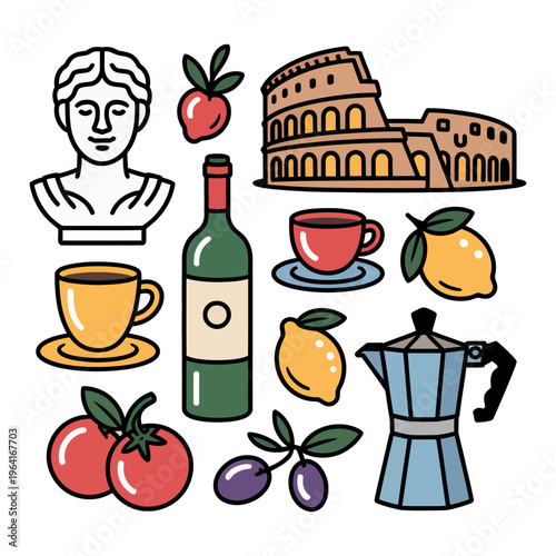 A colorful illustration of Italian food and culture symbols