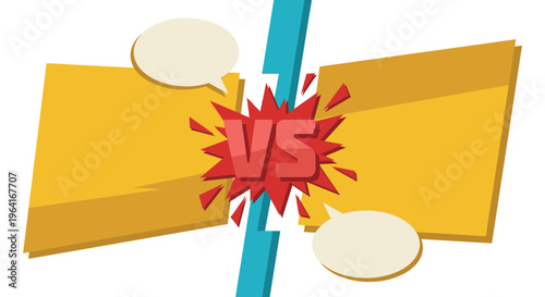 Comic style versus battle template with bold yellow panels, a central clash burst, lightning divider, and speech bubbles built for playful competition themes, game matchups, and pop art debate designs