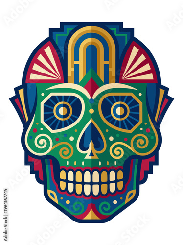 Vibrant sugar skull illustration with geometric symmetry and festive color layering that celebrates Day of the Dead tradition through a bold cultural icon rich in energy, spirit, and character