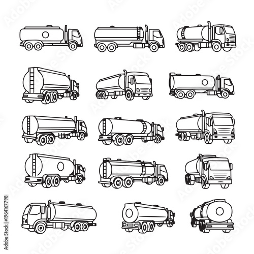 Various Tanker Trucks Illustrated Side Views Line Art Transportation Set