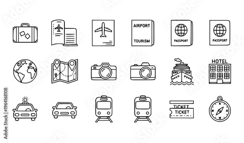 Travel and tourism icon set vector illustration line style for trip holiday airport journey voyage isolated on white