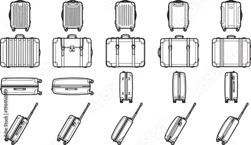 Different luggage from various angles showcase diverse travel cases, highlighting essential gear for trips.  