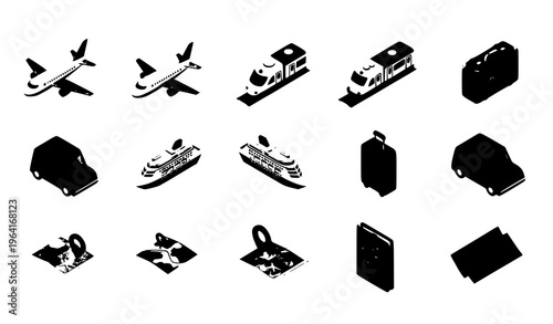 Isometric travel and holiday vector icon set for airport journey tourism vacation isolated on white background