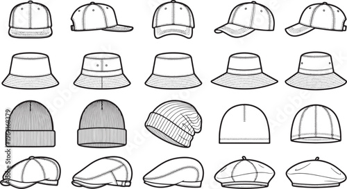 A variety of hats showcases a diverse collection of headwear, from caps to berets, highlighting fashion and style with clean lines and detailed illustration.