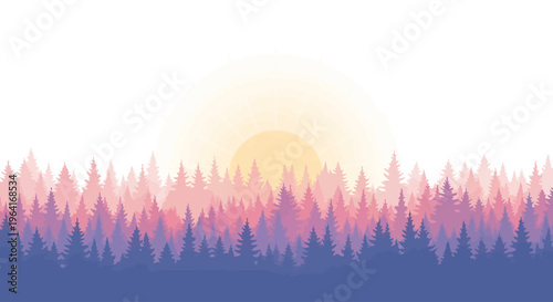 Sunset over a forest landscape scene.