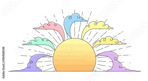 Sunrise with colorful clouds and rays.