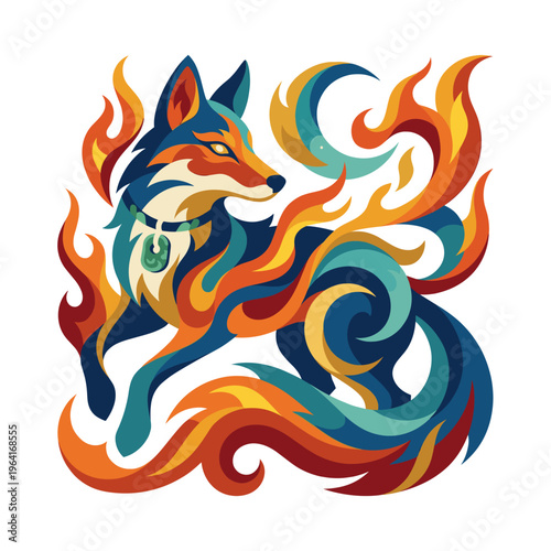 Majestic mythical blue fox engulfed blazing fiery orange flames
