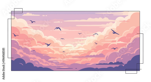 Birds Flying In The Pink Sky.