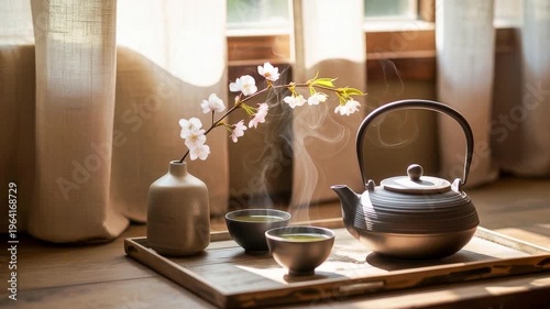 A serene tea setting with a steaming teapot, two cups of green tea, and a vase with delicate white blossoms on a wooden tray.