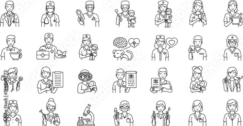 Healthcare Professionals and Medical Icons Set Featuring Doctors, Nurses, and Medical Tools for Health, Wellness, and Medical Websites