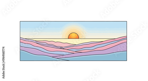 Sunset over wavy pink purple lines.