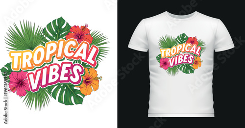 Tropical vibes t-shirt design with hibiscus and palm leaves