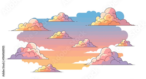 Colorful cartoon clouds in sky.