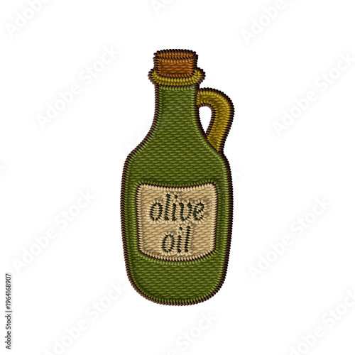 Vintage embroidered green olive oil jug clipart. Detailed stitched label with text. Perfect for recipes, cooking, and food themes projects. Rustic Italian design