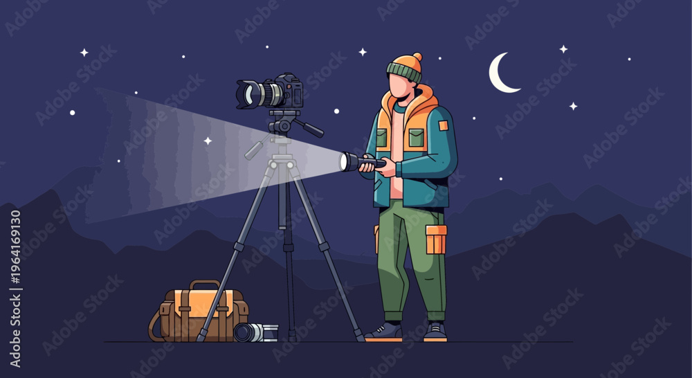 Naklejka premium Man filming night sky with camera on tripod.