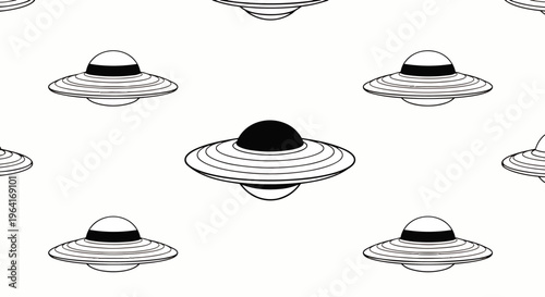 futuristic black and white seamless pattern with flying saucer and ufo spacecraft illustrations ideal for alien technology designs