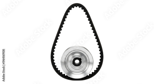 timing belt and pulley wheel crucial mechanical industrial components for power transmission isolated on white for engineering design.