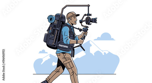 Adventurous videographer with camera gimbal and backpack exploring mountains.
