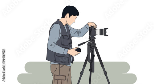Man Adjusting Professional Camera on Tripod for Photography.