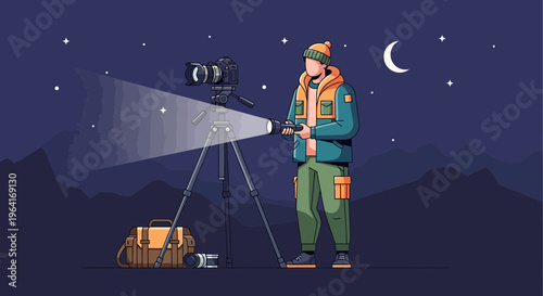 Man filming night sky with camera on tripod.