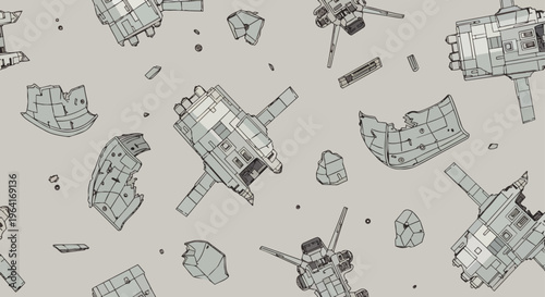 space debris mechanical parts broken spaceship fragments floating scattered illustrating technological waste orbital junk and future technology design.