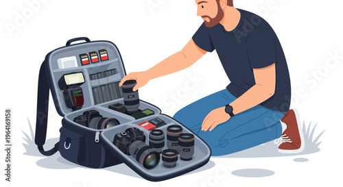 Man Organizing Photography Gear in Camera Bag.