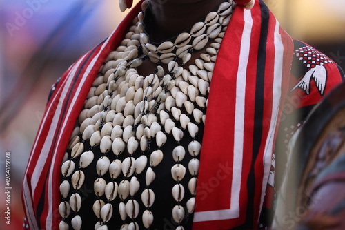 An outfit made from acoris and other traditional objects.arican