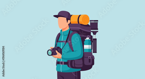 Man with backpack and camera ready for adventure.