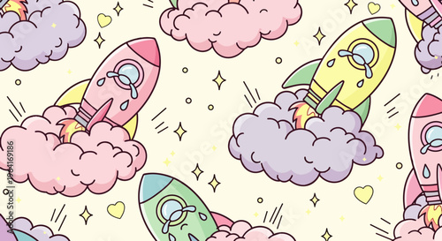 whimsical seamless pattern with cute crying cartoon rockets launching through pastel clouds and stars ideal for childrens textiles or digital backgrounds.
