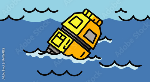 yellow and orange module sinking in blue ocean water cartoon illustration of a spacecraft crash or water accident ideal for recovery.