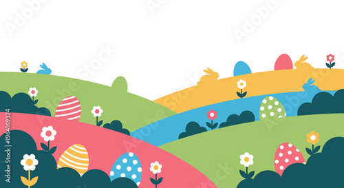 easter egg hunt illustration featuring cute bunnies and colorful eggs hidden in a vibrant spring landscape perfect for holiday celebrations.