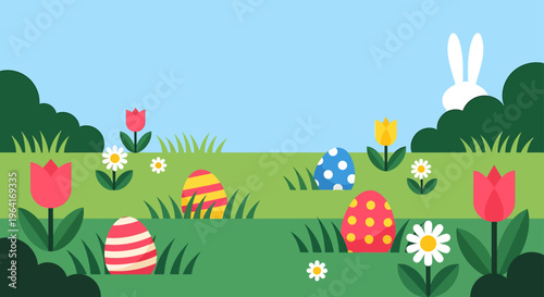 easter egg hunt scene with colorful decorated eggs in a vibrant green field surrounded by spring flowers and a peeking easter bunny ideal for holiday designs.