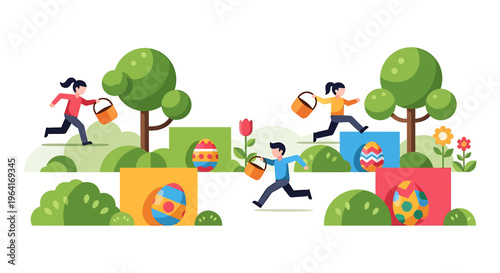 happy children enjoying a fun outdoor easter egg hunt collecting colorful eggs in a vibrant spring park landscape.