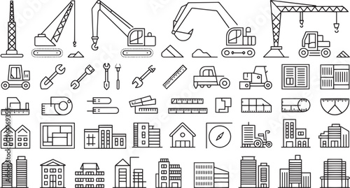 A collection of thin line icons representing various construction equipment tools and buildings used in industry and development projects