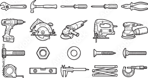 Collection of essential hand tools arranged in a perfect grid, presenting an organized and comprehensive set for various tasks.