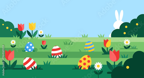 easter eggs and an easter bunny are playfully hidden in a vibrant spring landscape with flat design for holiday celebration.