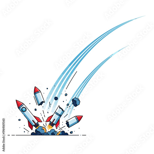 rocket crash launch failure and space accident illustration dynamically symbolizing business failure and innovation risk concepts.