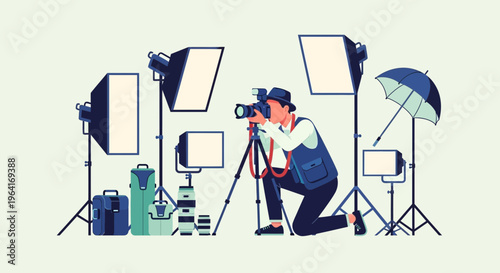 Photographer Capturing Moment with Professional Studio Equipment.