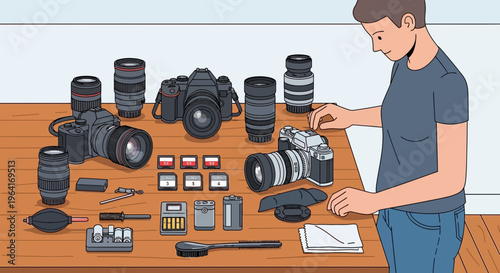 Photographer organizing camera equipment and accessories on a table.