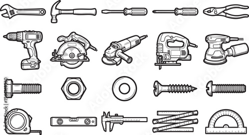 Assortment of meticulously illustrated tools, an essential visual resource for any construction-themed project or design.