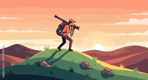 Photographer with Backpack and Camera on Hilltop.