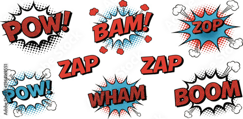 Comic Sound Effects Set Featuring POW BAM ZAP BOOM WHAM and Pop Art Explosion Text Elements