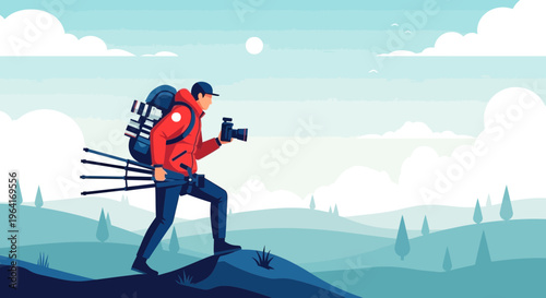 Photographer with Backpack and Tripod on Mountain Peak.