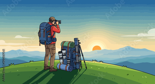 Photographer with Backpack Capturing Sunrise Over Mountains.