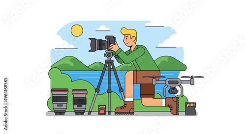 Photographer with camera and drone ready for outdoor adventure.