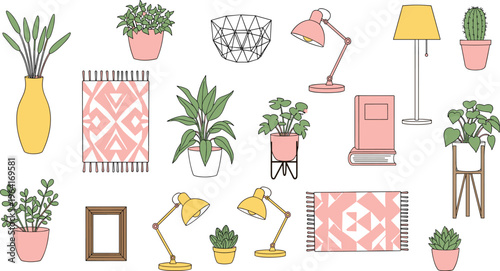 Modern home decor collection featuring hand drawn vector illustrations of potted houseplants, desk lamps, floor lamps, patterned rugs, and decorative interior design elements set.
