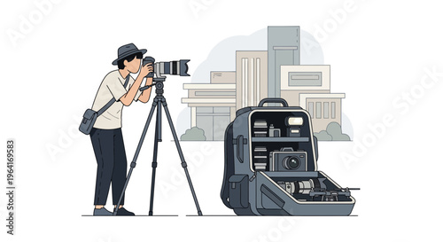 Photographer with Camera on Tripod and Gear Bag.