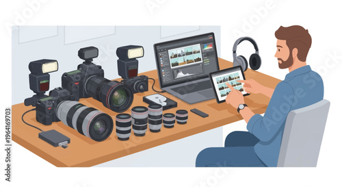 Photographers Workspace with Professional Camera Gear and Digital Devices.